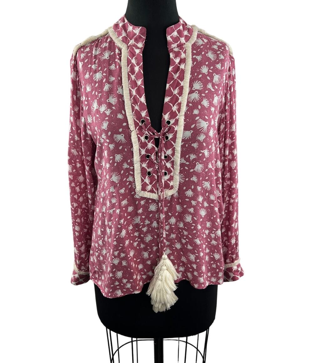 Poupette St Barth Pink White Top Printed Split-Neck Lace-Up Tassel Size Medium M